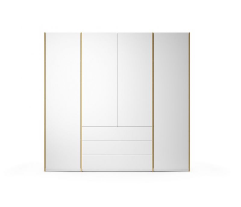 Weißer MODULAR PLUS Schrank von Müller Möbelwerkstätten mit goldenen Akzenten und Schubladen.